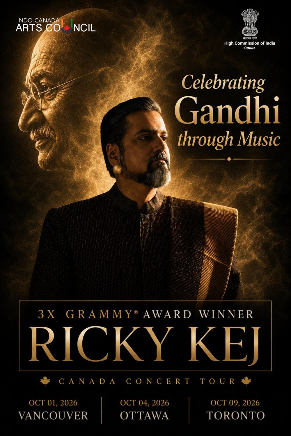 Ricky Kej, Celebrating Gandhi through Music, Canada Concert Tour 2026, Vancouver 1 October, Ottawa 4 October, Toronto 9 October